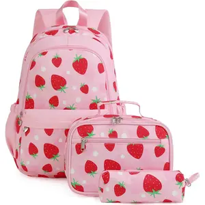 Strawberry Backpack for Girls, Kids School Bookbag Set, Elementary Primary School Book Bag with Lunch Bag Pencil Case