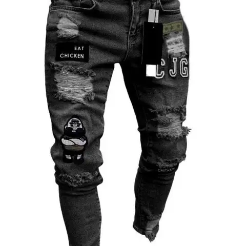 Men's Patched Ripped Skinny Jeans, Streetwear Casual Comfy Pocket Zipper Design Denim Pants for Daily Wear, Fashion Men's Bottoms for All Seasons Urban Fashion, Jeans for Men, Going Out Bottoms Graphic Menswear Distressed Trouser