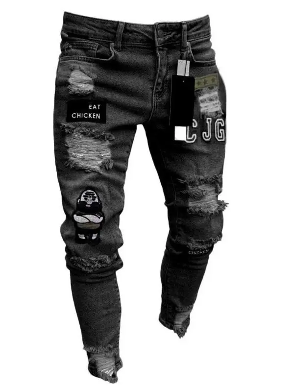 Men's Patched Ripped Skinny Jeans, Streetwear Casual Comfy Pocket Zipper Design Denim Pants for Daily Wear, Fashion Men's Bottoms for All Seasons Ur ban Fashion, Jeans for Men, Going Out Bottoms Deals For You
