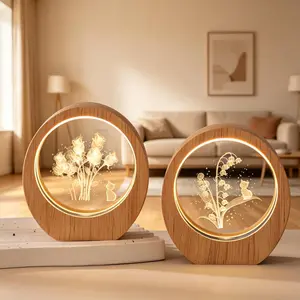 3D Inner Carving Luminous Crystal Night Light with Wooden Base, Desktop Decor Ornament, Birthday Gift for Girls and Girlfriends