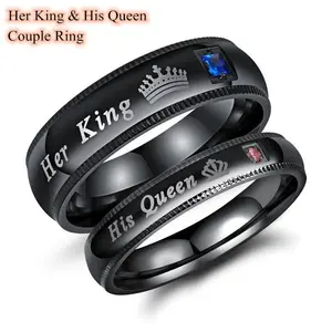 King & Queen Couple Rings | Black Stainless Steel Crown Promise Ring Set | Matching Wedding Bands for Him & Her