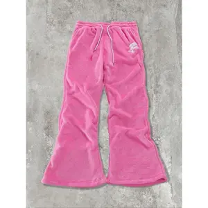 Unisex Solid Color Letter Embroidery Drawstring Waist Fuzzy Sweatpants, Thermal Warm Casual Comfy Pocket Design Flare Leg Trousers for Daily Wear, Unisex Bottoms for All Seasons, Baggy Jogging Pants