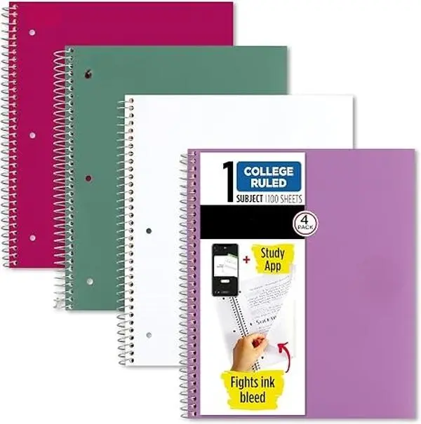 4 Pack Spiral Notebooks with Study App, 100 Sheets 1 Subject College Ruled Ink Resistant Paper Pages, 8.5x11 in Notebooks with Water Resistant Covers (Purple, Pink, White, Green)