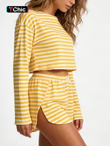 Women's Striped Sweater Set, Soft & Comfortable Long Sleeve Top + Side Slit Shorts, Casual All-Season for Home Beach Vacation Outdoor