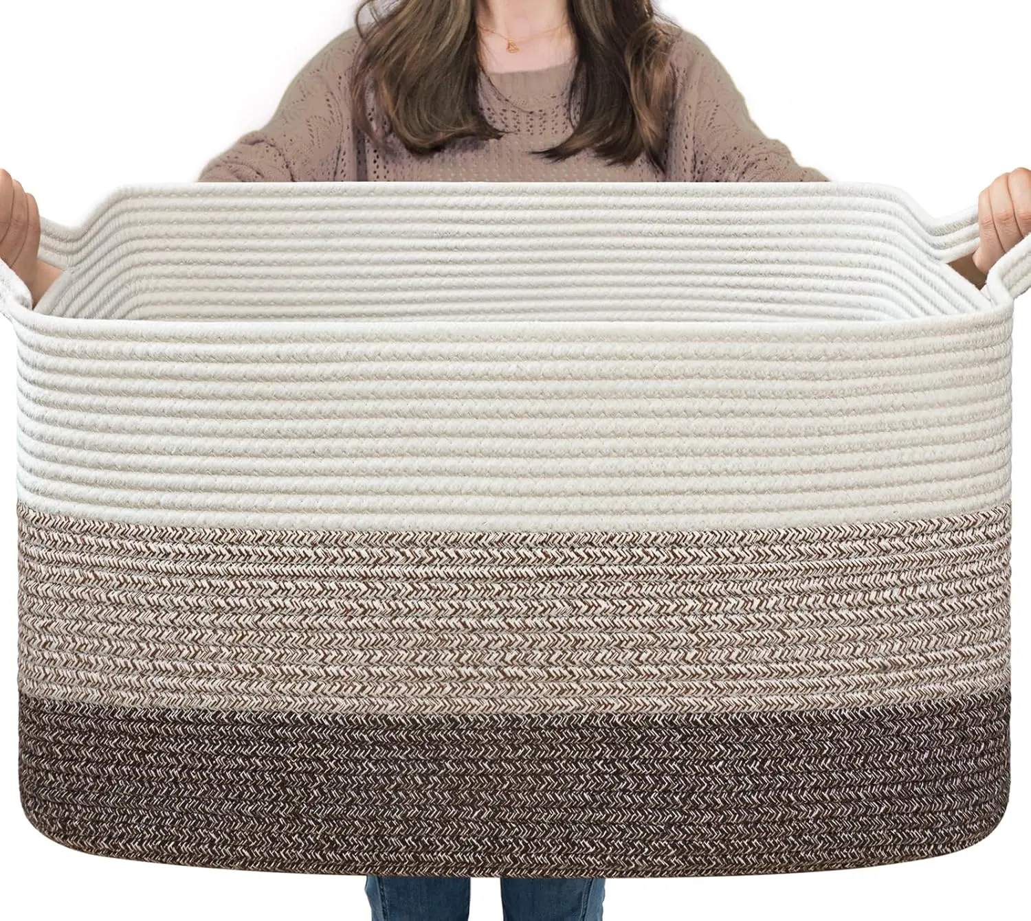 Large Woven Storage Basket, 21.6"x14.9"x11.8", Blanket Storage for Bedroom and Living Room, Rectangle Rope Baskets for Storage, White Brown