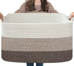 Large Woven Storage Basket, 21.6"x14.9"x11.8", Blanket Storage for Bedroom and Living Room, Rectangle Rope Baskets for Storage, White Brown