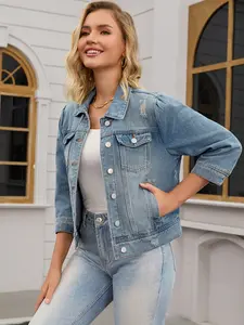 INSPIRE CHIC Women's Denim Jacket 3/4 Sleeve Button Down Washed Distressed Cropped Jean Jackets