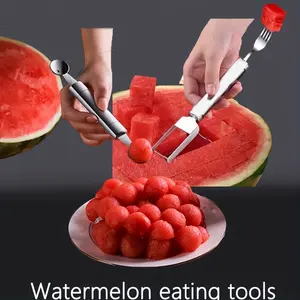 Upgraded | Melon Eating Artifact [Cutting Fork 2-in-1] 1 pack, stainless steel watermelon slicer, watermelon block slicer, watermelon fruit divider, watermelon ball digging tool, summer melon eating tool