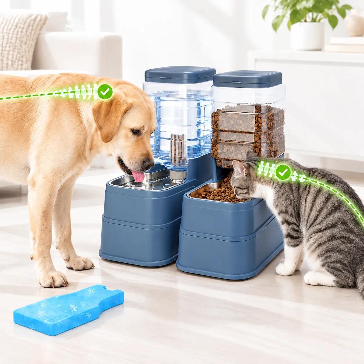 Kacoomi 1.3 Gal Automatic Cat Feeder & Gravity Water Dispenser Set with Stainless Steel Bowls, Ice Pack, Filter, Raised Neck Support for Cats & Dogs