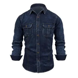 Men's Casual Denim Shirt Jacket - Long Sleeve, Button-Up with Chest Pockets, Dark Blue Distressed Finish, Polyester Fabric, Machine Washable, Classic Collar Design, Stylish Layering Piece |   Distressed Denim |   Crafted Details