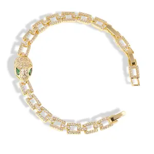 14K Gold Plated Snake Head Bracelet with Green Stone Eyes & Full Shine Links 7" + 2cm Extension Adjustable Fit Statement Jewelry