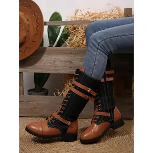 Women's Fall Winter Low Heel Lace-Up Boots, PU Leather & Denim Patchwork Mid-Calf Boots, Casual Style Knight Boots