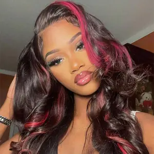 GK Highlight Lace Front Wig Human Hair 13x6 1B/Pink Ombre Lace Front Wig Human Hair Colored 180% Density Body Wave HD Lace Frontal Wigs Human Hair 26 Inch Skunk Stripe Ombre Pink Wig Human Hair