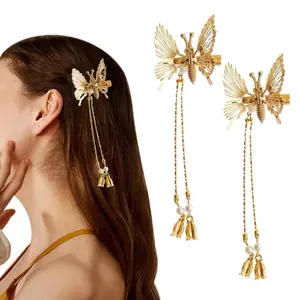 Women's Moving Metal Butterfly Hair Clips Tassels Gold Barrettes Vintage Decorative Hair Pins Elegant Wedding Party Festival Brides Accessories 2 Pcs Alloy Material