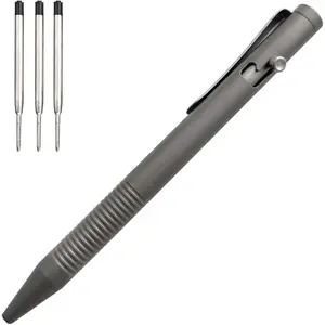 4.8'' Titanium Alloy Bolt Action Pen, Ballpoint Ink Refillable, Stainless Steel Pocket Clip EDC Business Collection Stylus, with 3 Refills, Gray