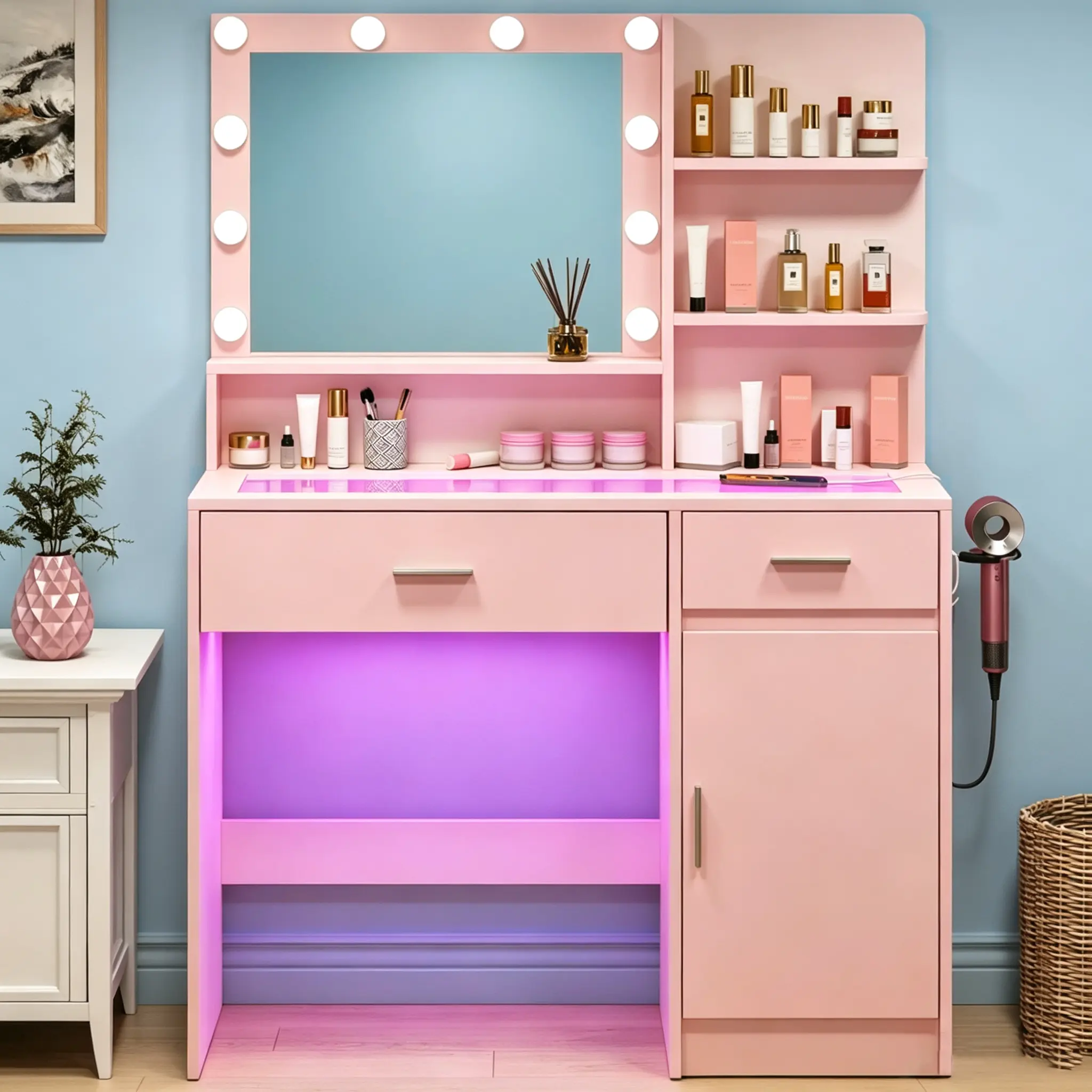 CollaredEagle Vanity Desk With Mirror, Women Girls Bedroom Dressing Table, LED Lighted Makeup Station, Glass Top Vanity Table, Adjustable Brightness Vanity homemakeover color light mode white