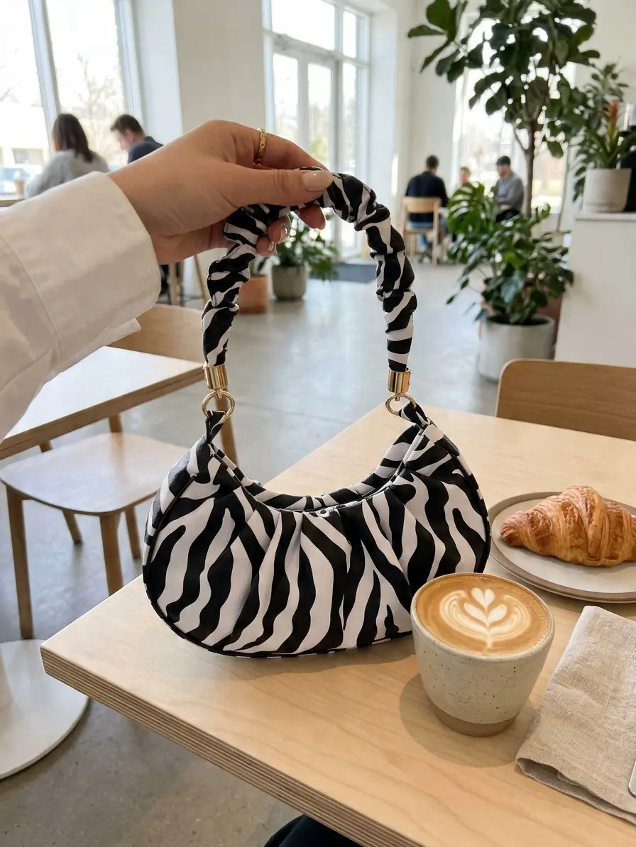 Zebra Leopard Print Crescent Bag for Women, Ruched Shoulder Handbag, Trendy Animal Print Underarm Purse, Chic Spring Fashion Bag