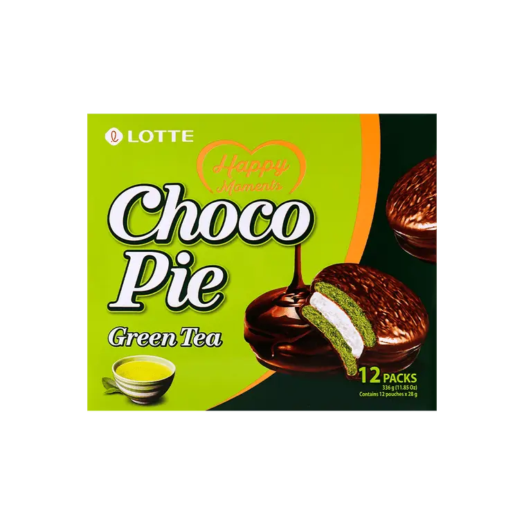 Lotte Green Tea Flavor Chocolate Pie - Creamy Snack Cake Dessert with Milk Powder, 28g x 12 Pack