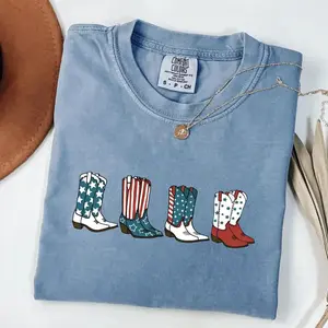 Comfort Colors Fourth Of July T-shirt, Cowgirl 4th of July Vintage Tee, Cowboy Boots Shirt, America T-shirt, USA, Patriotic Graphic Tee