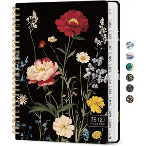 Planner 2026-2027, Academic Monthly and Weekly Calendar Planner for Women, July 2026 - June 2027, Hardcover Pretty Agenda Planner Book with Tabs, Spiral Daily Organizer for School Office Home Supplies, 6.3" x 8.5" - Peony Bloom