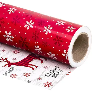 Reversible Christmas Wrapping Paper Roll - Mini Roll - 17 Inch x 33 Feet - Red White Reindeer and Snowflake Wrapping Paper for Christmas, Holiday, Party