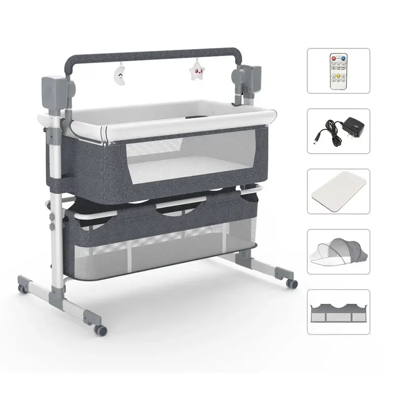 Automatic Rocking Baby Bassinet - Crib for Infant, Remote Control, Wheels, Newborn Bedside Co-Sleeper, Travel Crib Suitable for 0-6M