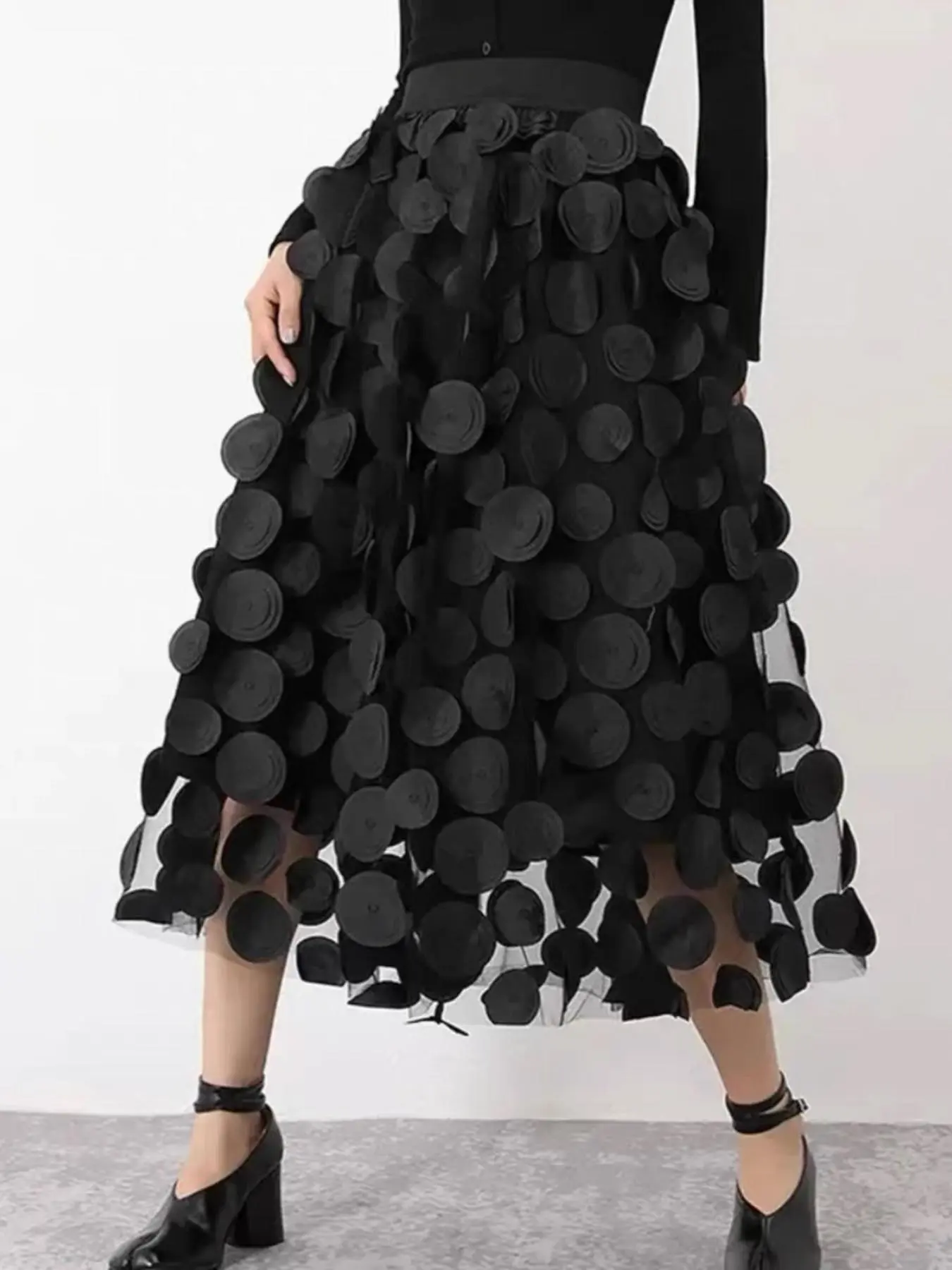 Plus Size Polka Dot Appliques Fitted Fit and Flare Woven Skirt, Fashion High Waist Long Skirt for Vacation Holiday Party, Women's Bottoms Womenswear for All Seasons