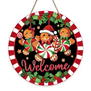 Gingerbread Man Pattern Welcome Sign, Christmas Wooden Hanging Decor, Outdoor Hanging Decor for Home Holiday Front Door, Festival Decorations