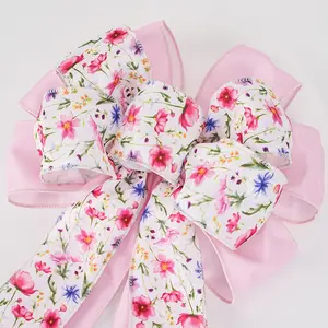 1pc Large Floral Bows for Wreath, Green Vintage Floral Wreath Bows Green Lace Bows for Front Door, Spring Flower Burlap Ornament Tree Topper Bow for Home Indoor Outdoor Decor