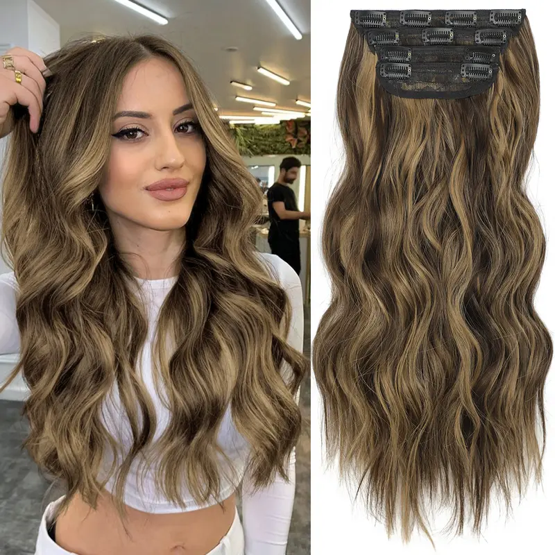 ORSUNCER Hair Clip Extensions Long Wave 4PCS Thick Hairpieces For Women In Synthetic Nature Color To Chestnut Fiber Double Weft Hair Extension Easy To Go