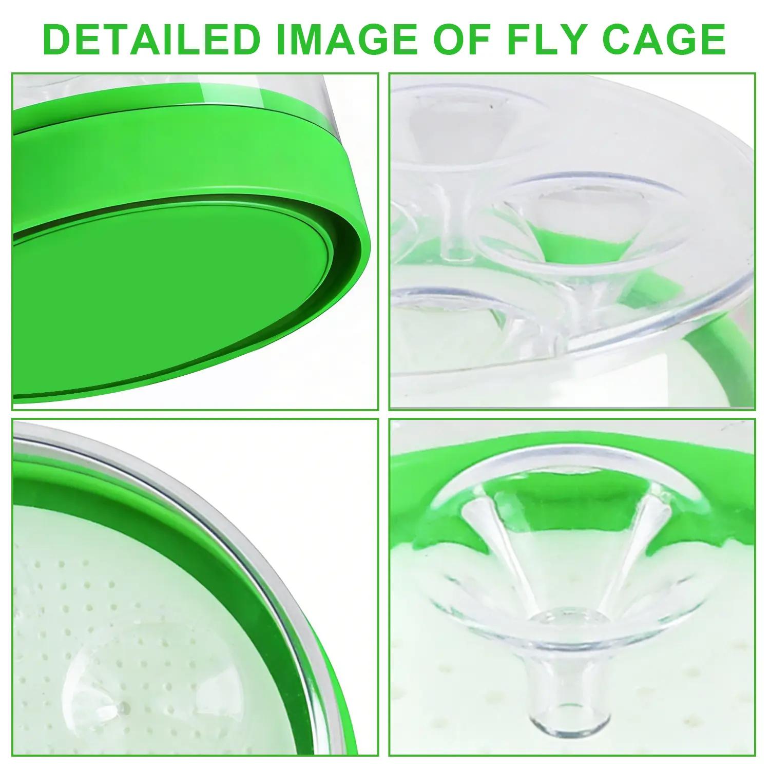 Reusable Outdoor Fly Trap for Patio Garden Home—Non Toxic Pest Control Cage with 7 Holes. Catches Wasps Flies Gnats Insects. Transparent Top Green Base. No Electricity Battery. Safe Effective Durable Plastic without Bait