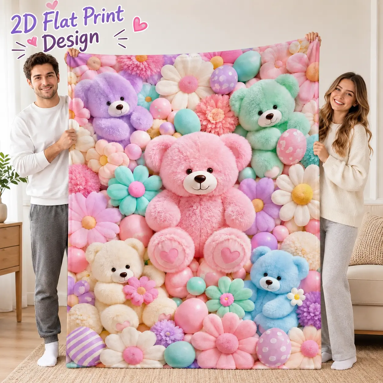 Teddy Bear Floral Blanket 2D Flat Cartoon Print Ultra Soft Flannel Throw Blanket Cute Colorful Bear Aesthetic Lightweight Cozy Warm Blanket for Sofa Couch Bed Bedroom Decor Travel Camping Office Chair Home Decor Gift Trending Must Have Cozy Home Essential