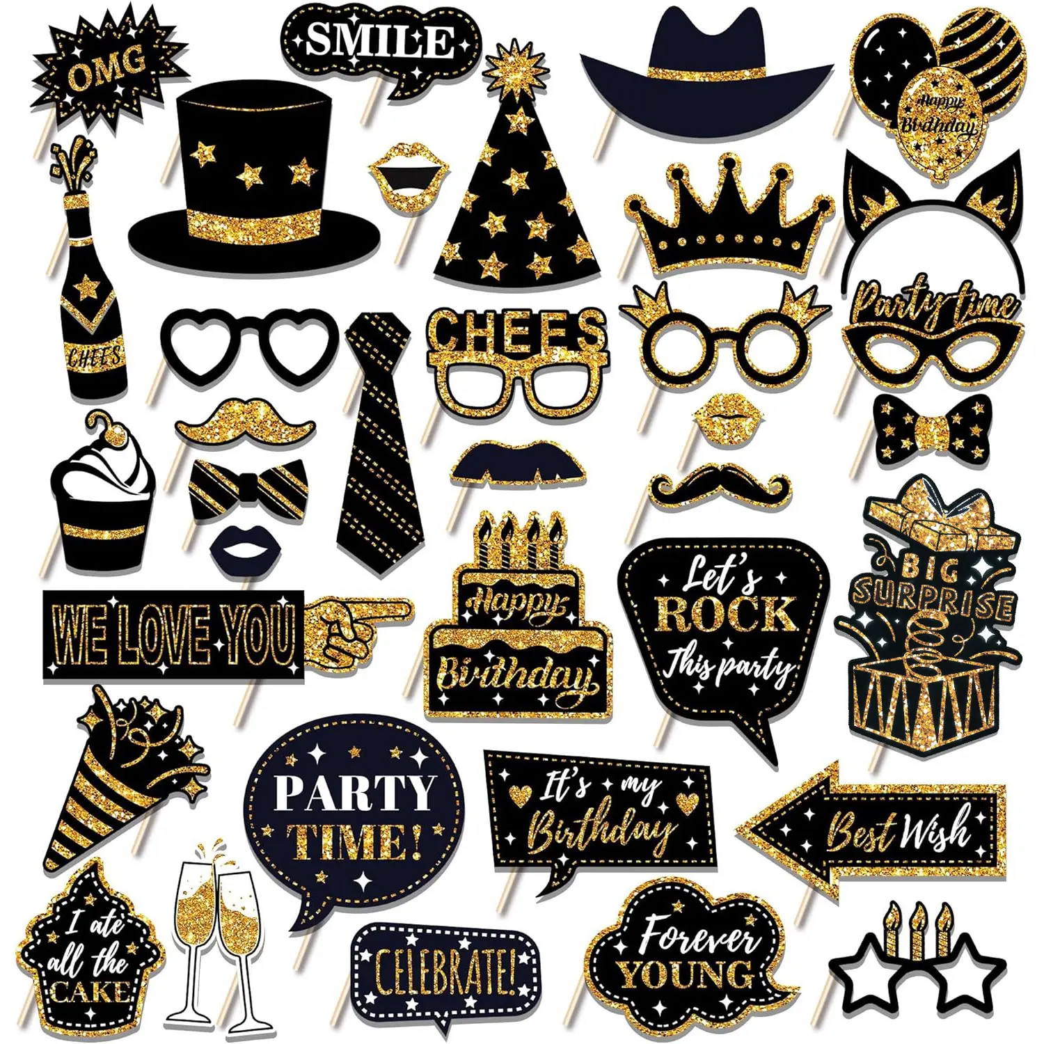 36 Pcs Birthday Photo Booth Props Kit, Black and Gold Party Favors, Happy Birthday Party Decorations, Photobooth Holiday Selfie Supplies
