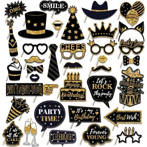 36 Pcs Birthday Photo Booth Props Kit, Black and Gold Party Favors, Happy Birthday Party Decorations, Photobooth Holiday Selfie Supplies