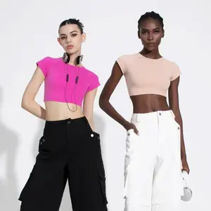 PUMIEY White Crop Top Crew Neck T Shirt Women's Short Sleeve Sexy Tee, Great Style with light blue jean shorts