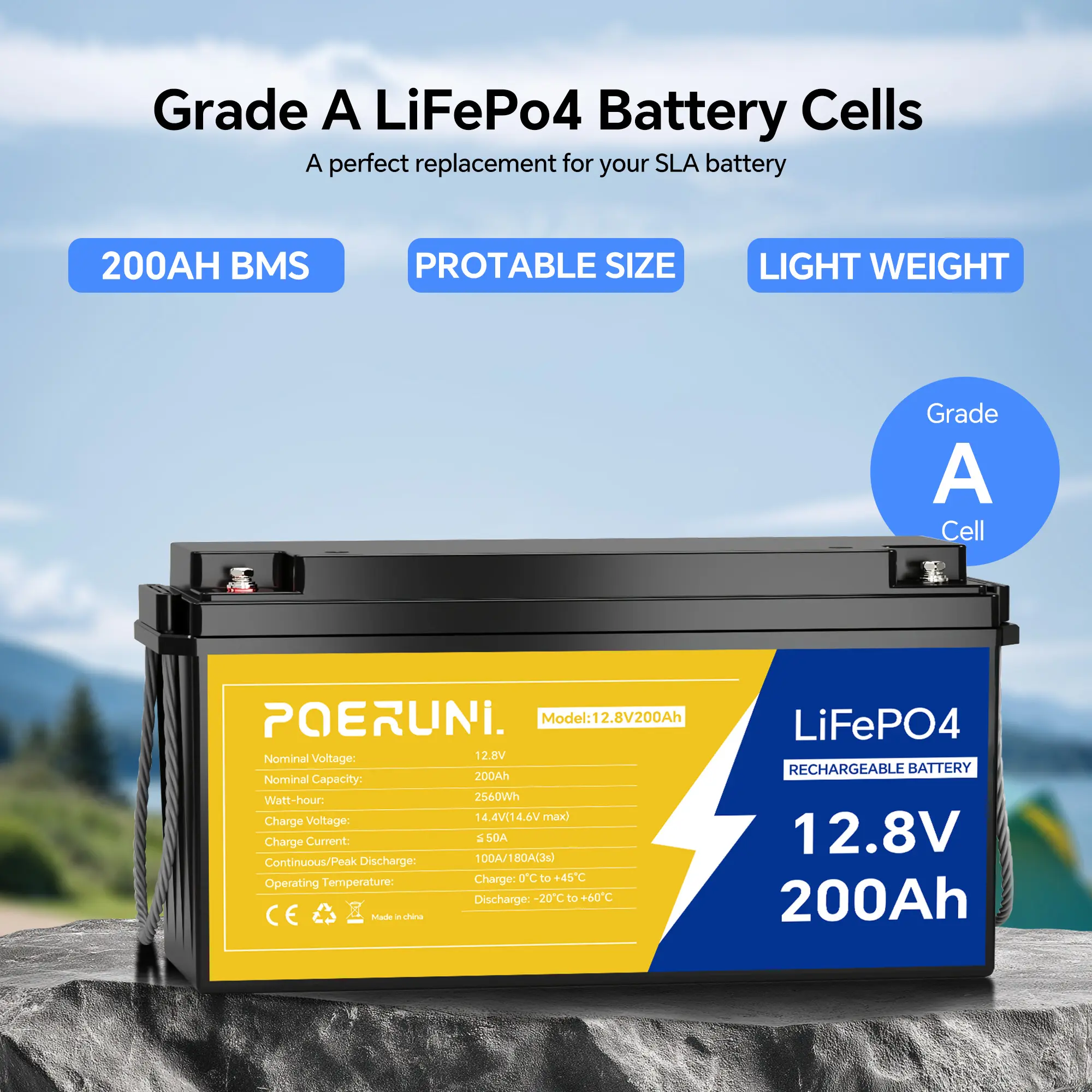 POERUNI 12.8V 200Ah Grade A Cell Lithium Ion Deep Cycle Battery with Built-In BMS, Overcharge/Discharge Protection, Lightweight, Portable Size for Boat, Trolling Motor, Solar Systems High Capacity Battery Portable Lithium Pack