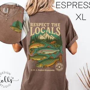 Respect the locals comfort colors shirt, vintage fish and mountain graphic tee, outdoorsy hiking fishing nature lover gift
