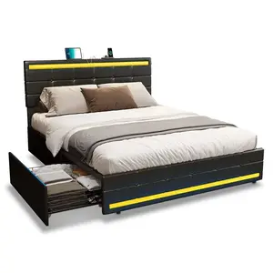 PU Leather Upholstered Bed Frame with 4 Storage Drawers Black