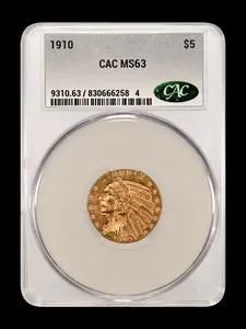 1910 $5.00 Gold Indian MS 63 CAC