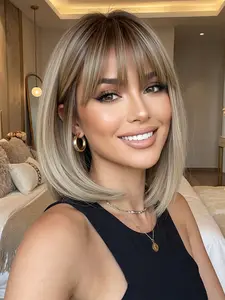 12-Inch Short Straight Wig with Bangs, High-Temperature Fiber Full Headpiece, Synthetic Fiber Wigs, Elegant Daily Wear for Women, Versatile Event Accessory