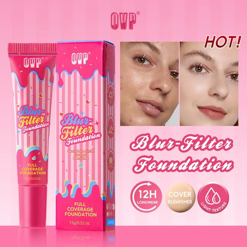 OVP Blur-Filter Full Coverage Foundation, Waterproof & Long-Lasting Concealer Foundation, Natural Satin Smooth Cream Finish, with Meadowfoam Seed Oil, Centella & Hyaluronic Acid, 3 Shades Available, 15g