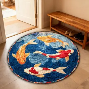 Modern Round Carpet Rug, Gold Koi Fish Design, Washable Easy Clean Plush Mat, Living Room Bedroom Home Decor