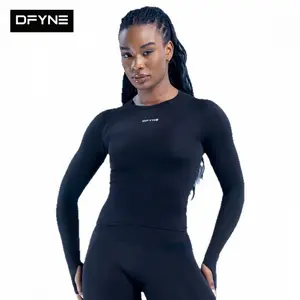 (With Logo) DFYNE Seamless Thumb Hole Long Sleeve Top Women - Tight High Stretch Moisture Wicking Yoga Workout Gym Shirt