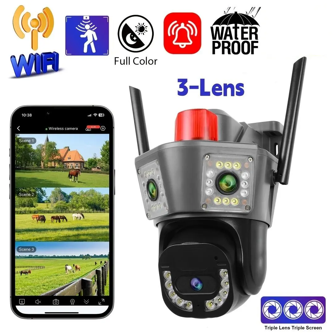 3 Lens Home Security Camera With 3 Screens Display, WiFi PTZ Camera 355° Rotation, Smart Motion Tracking & Instant Alarm Push, Color Night Vision, Two-Way Audio, Cloud & TF Card Storage, IP65 Waterproof, Work With APP.camara De Sequridad