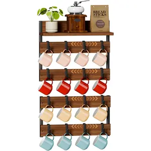 2-in-1 Wall Mount Coffee Mug Holder, 4-Tier Rack with 16 Adjustable Hooks and Storage Shelf, Wooden Cup Organizer for Home Kitchen Display and Collection