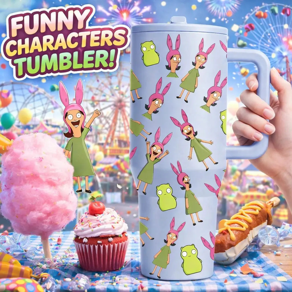 1pc Louise Belcher 40oz Stainless Steel Insulated Coffee Tumbler with Handle, Double Wall Insulated, Pink Bunny Hat Girl & Green Cartoon Character Print Travel Mug with Lid, Large Capacity Vacuum Cup, Reusable Portable Car Cup, Insulated Drinkware
