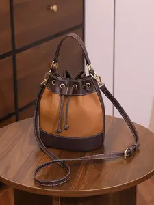 New Women's Bucket Bag, Korean Style Patchwork Drawstring Shoulder Crossbody Bag, High-End Unique Design Handbag, Trendy Fashion Accessory
