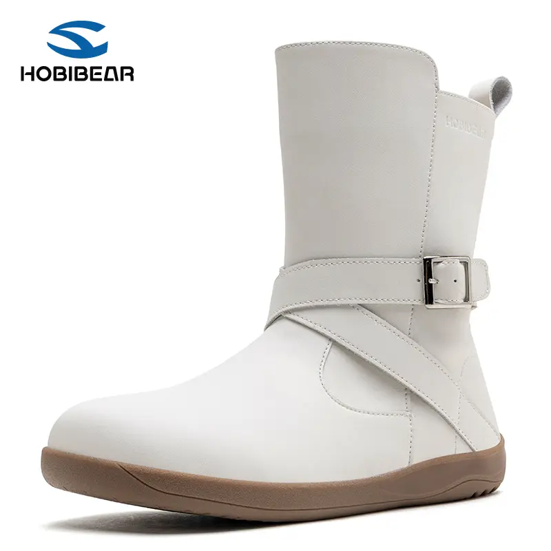 HOBIBEAR Women's Stylish Flat Wide Toe Mid-Calf Boots - Synthetic Leather, Buckle Accent, Side Zipper, Rubber Sole Footwear for Casual Walking (Shoe, Walking Shoes), All Season