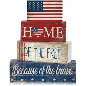 4 Pcs 4th of July Patriotic Memorial Day Tabletop Decorations Red White Blue Table Centerpieces Sign for Office Tiered Tray Home Shelf 250th Anniversary Flag