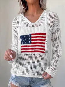 Hollow Out Crochet Knit American Flag Patched Sweater Hoodie, Long Sleeves With Open-Knit Design for Breezy Comfort.